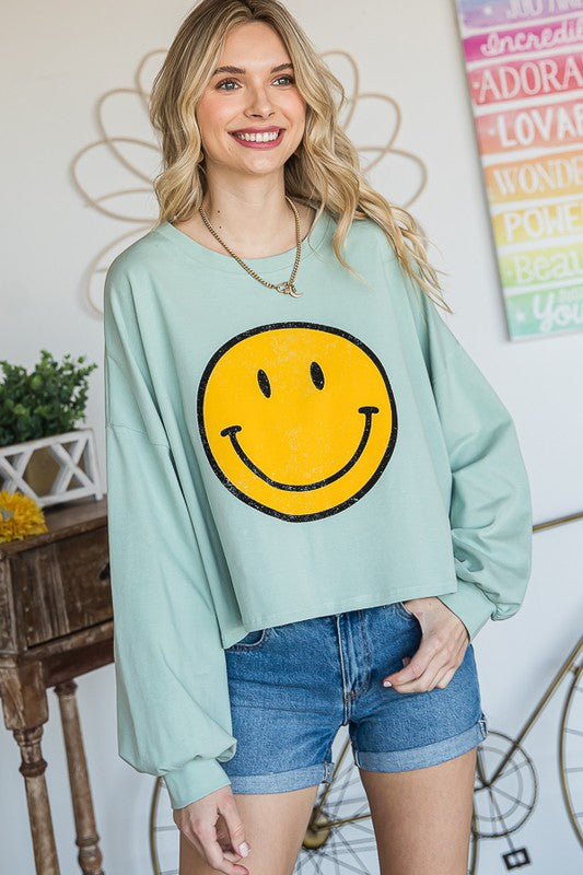 SMILEY FACE LONG SLEEVE CROP TOP