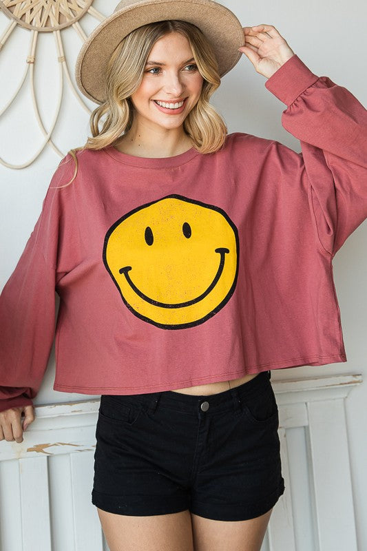 SMILEY FACE LONG SLEEVE CROP TOP