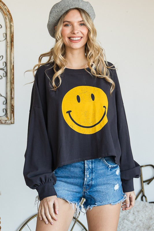 SMILEY FACE LONG SLEEVE CROP TOP