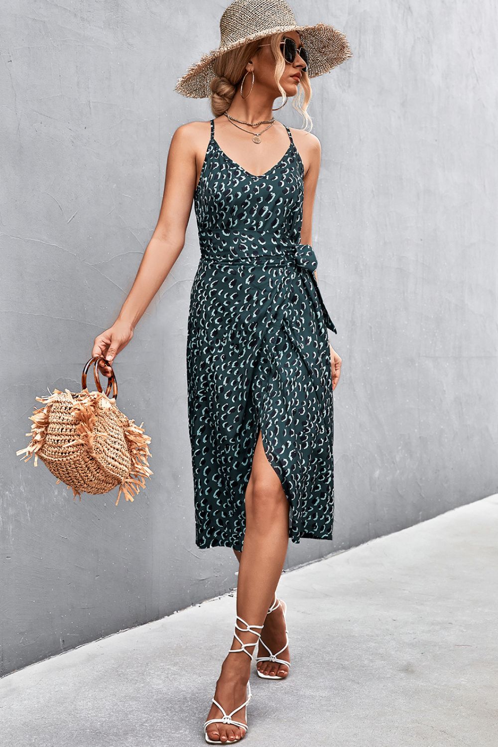 Printed Spaghetti Strap Tied Wrap Dress