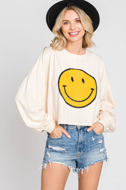 SMILEY FACE LONG SLEEVE CROP TOP