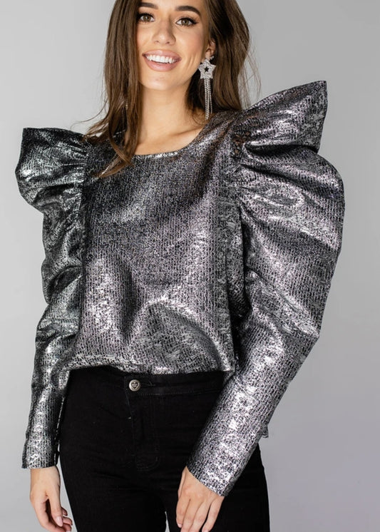 Rosie Aluminum Dramatic Puff Sleeve Top