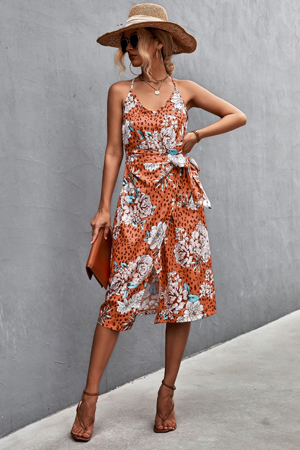 Printed Spaghetti Strap Tied Wrap Dress